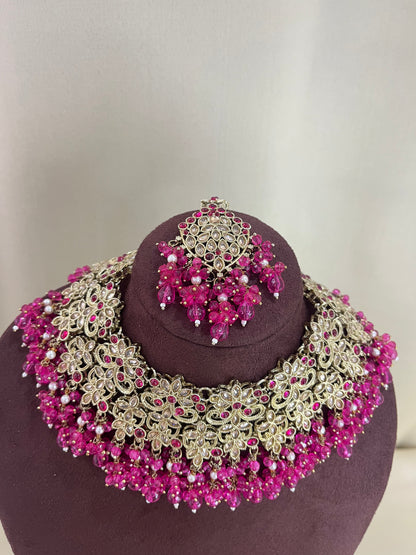American Diamond Pakistani Necklace Set - Rani Pink