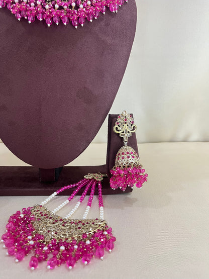 American Diamond Pakistani Necklace Set - Rani Pink