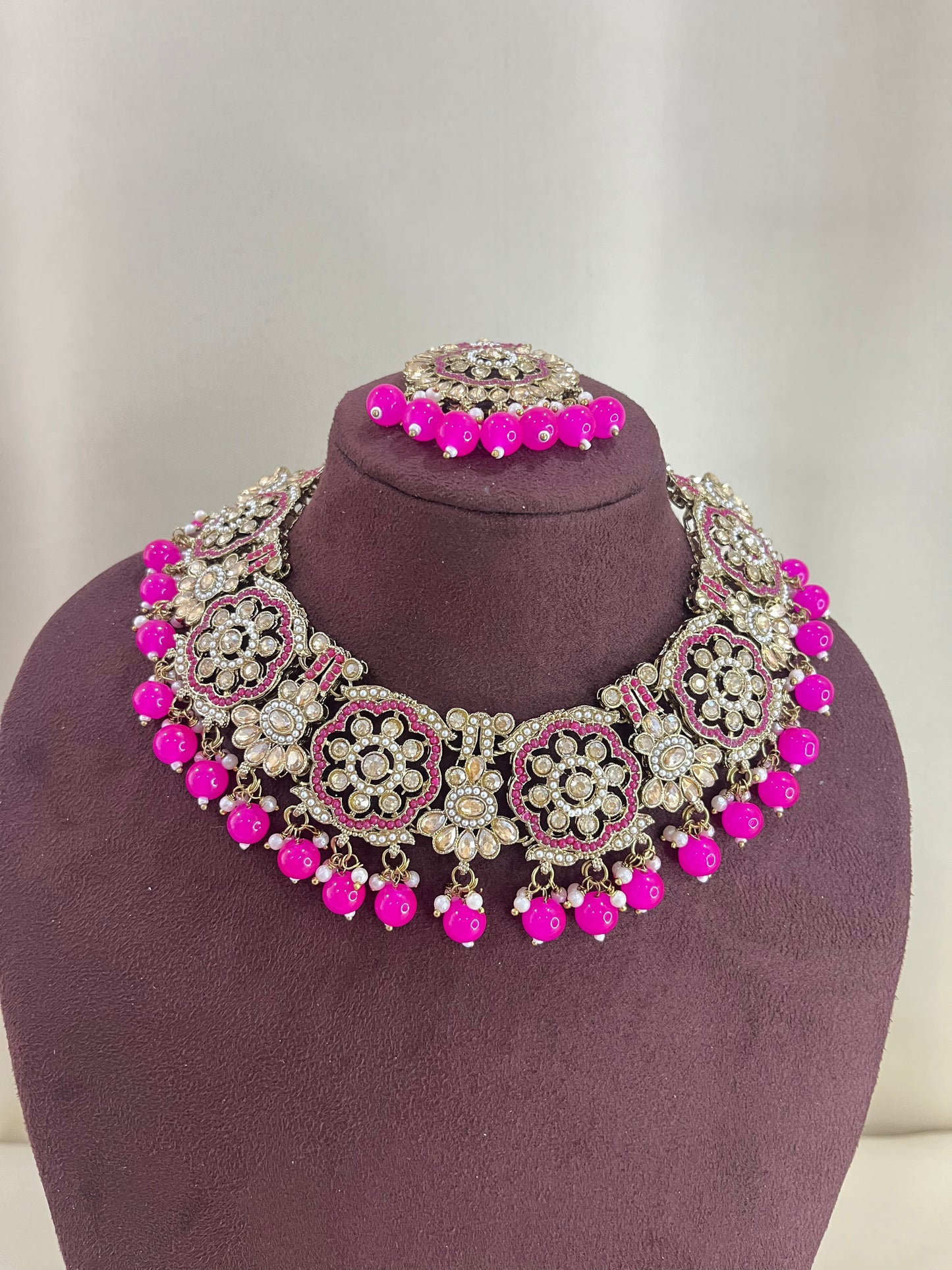 American Diamond Necklace Set - Hot Pink