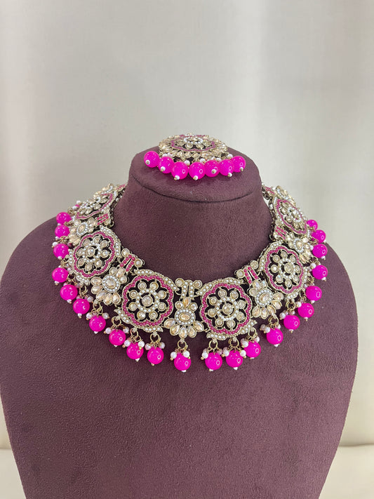 American Diamond Necklace Set - Hot Pink