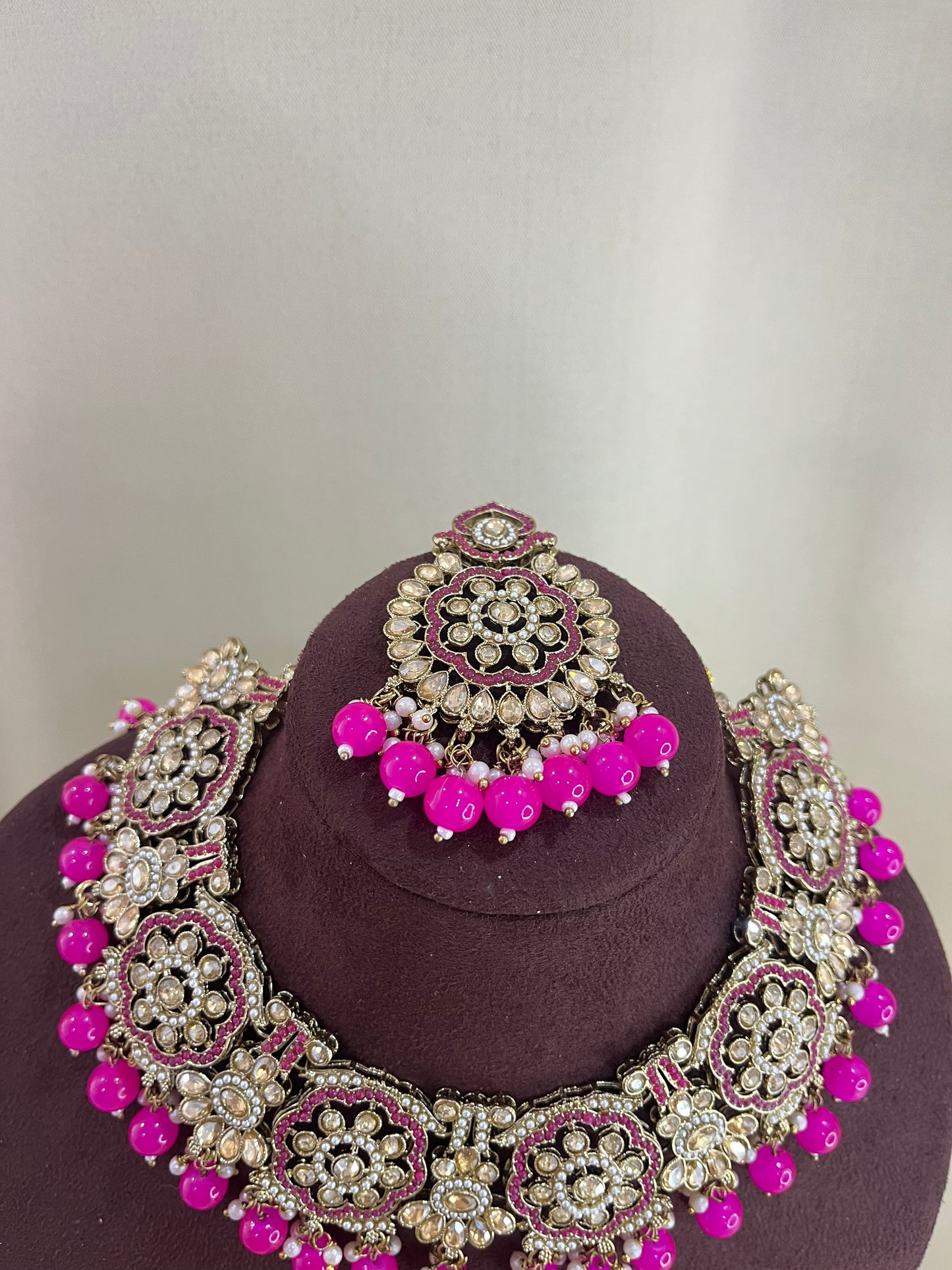 American Diamond Necklace Set - Hot Pink