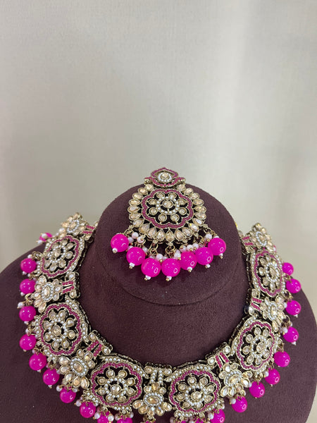 American Diamond Necklace Set - Hot Pink