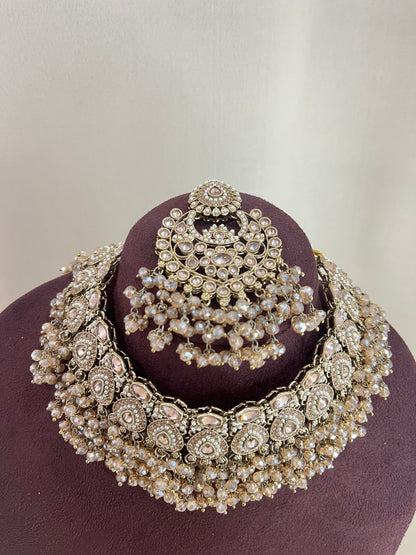 Reverse AD Pakistani Necklace Set - Gold