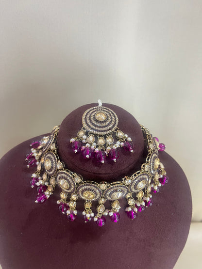AD Choker Set With Paasa - Purple Beads