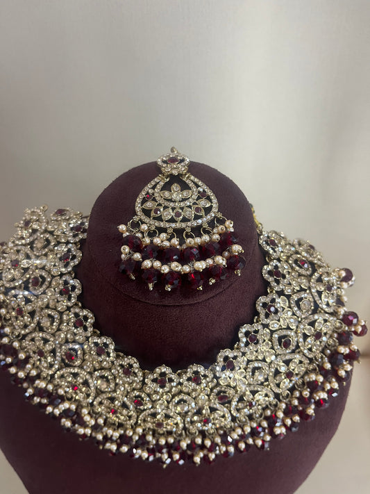 American Diamond Pakistani Necklace Set - Deep Ruby