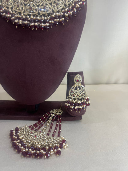 American Diamond Pakistani Necklace Set - Deep Ruby