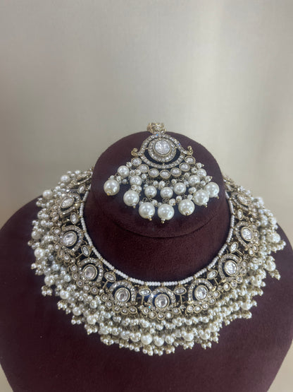 Moissanite Kundan Pearl Necklace Set - Pearl White
