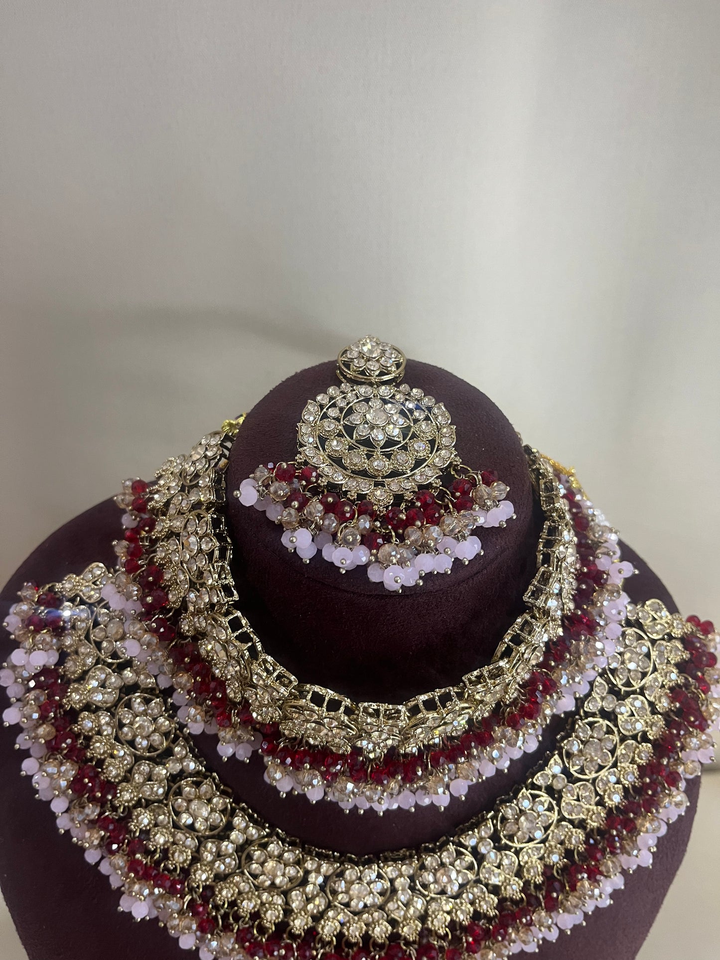 American Diamond Pakistani Bridal Combo Set - Pink & Ruby