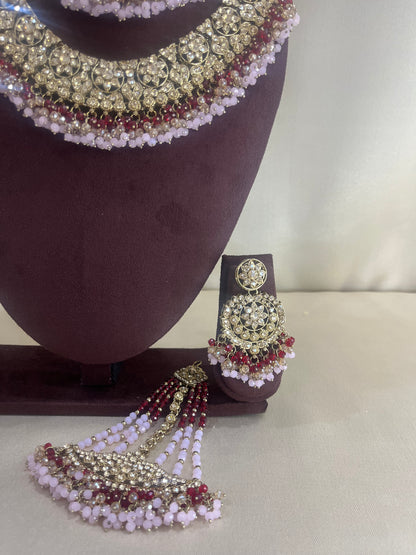 American Diamond Pakistani Bridal Combo Set - Pink & Ruby
