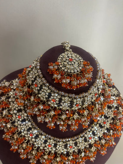 American Diamond Pakistani Bridal Combo Set - Orange