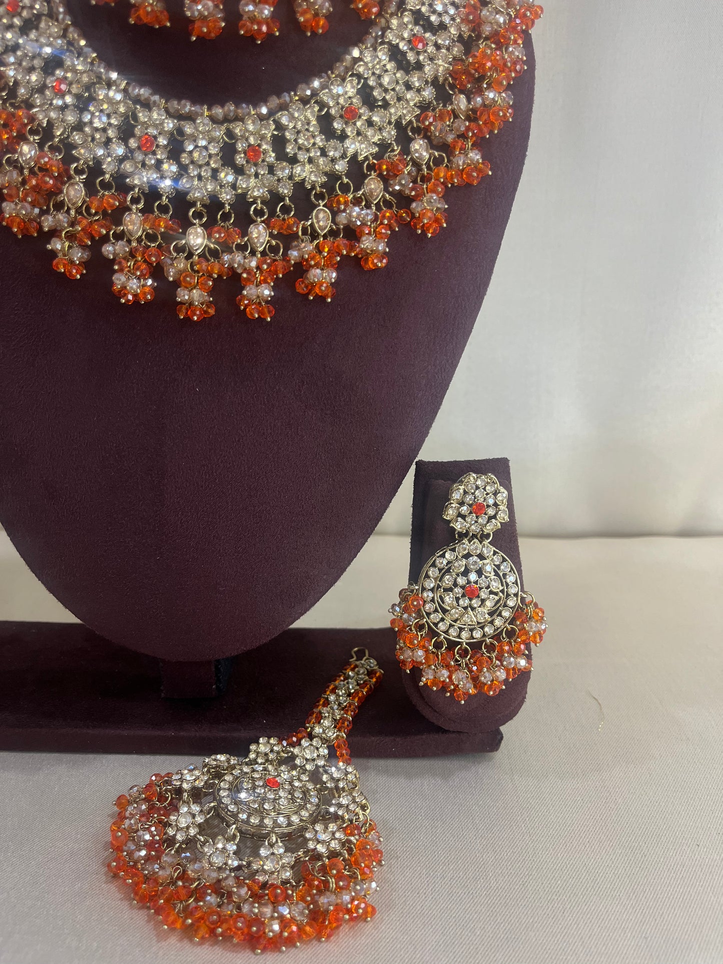 American Diamond Pakistani Bridal Combo Set - Orange