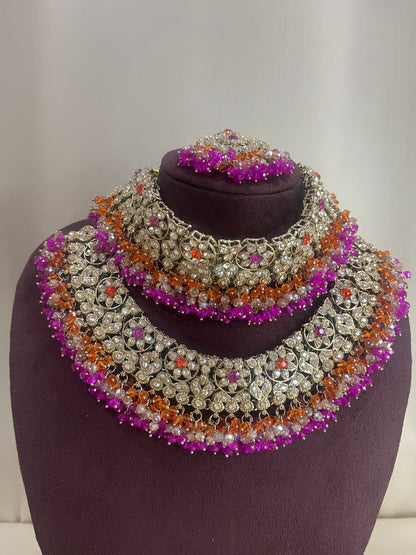 American Diamond Pakistani Bridal Combo Set - Rani Pink & Orange