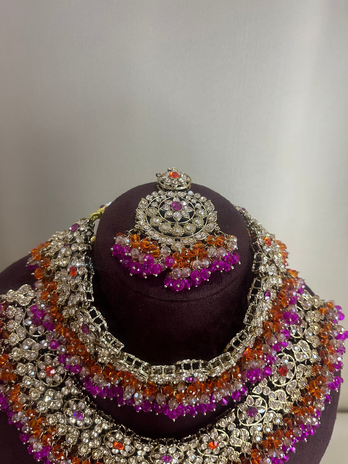 American Diamond Pakistani Bridal Combo Set - Rani Pink & Orange