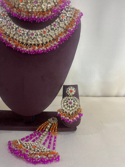American Diamond Pakistani Bridal Combo Set - Rani Pink & Orange
