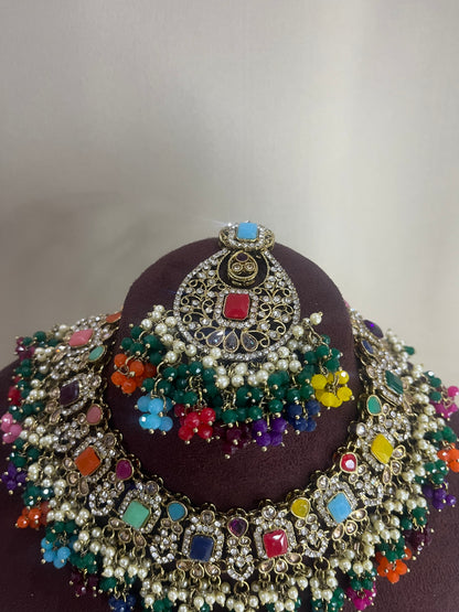 American Diamond Necklace Set - Navratan