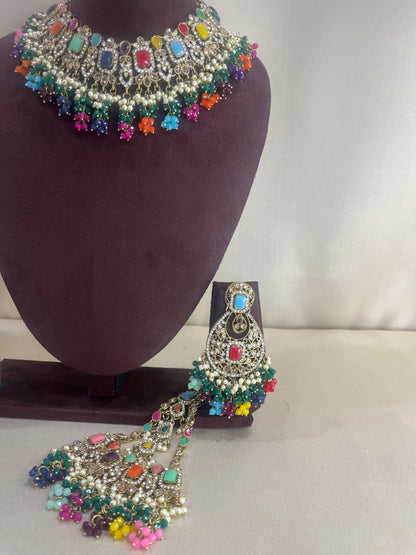 American Diamond Necklace Set - Navratan