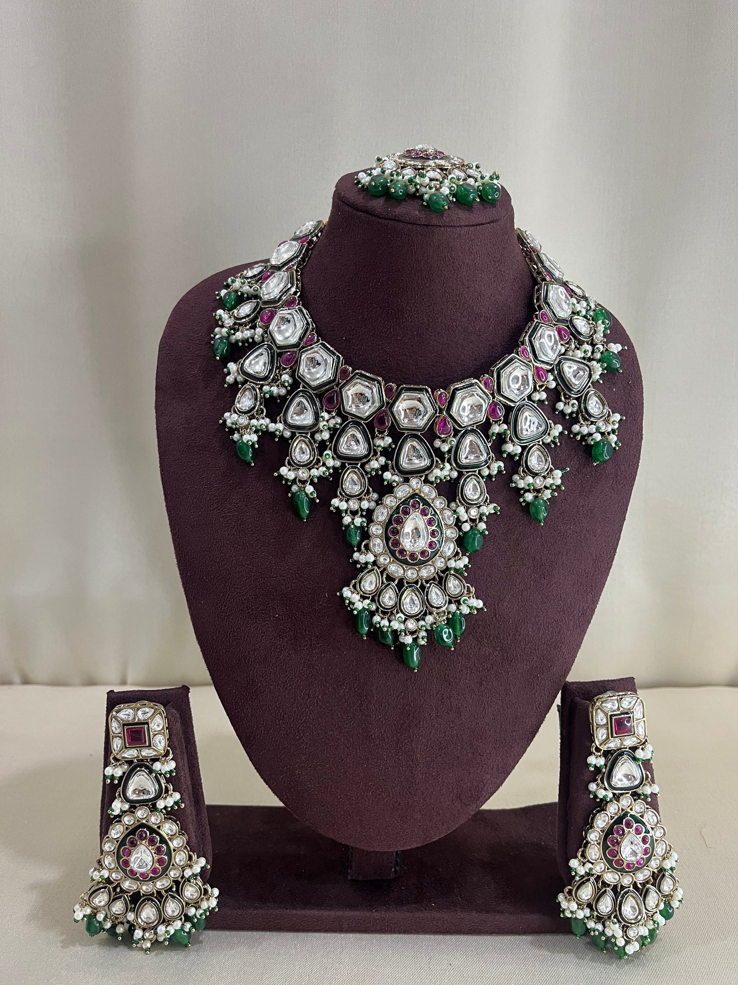 Paachi Kundan Semi Bridal Necklace Set - Emerald & Ruby