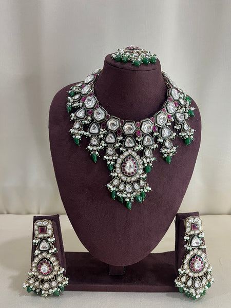 Paachi Kundan Semi Bridal Necklace Set - Emerald & Ruby