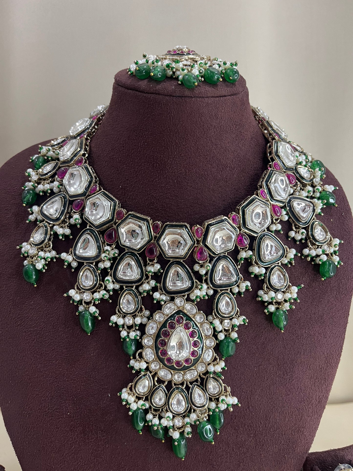 Paachi Kundan Semi Bridal Necklace Set - Emerald & Ruby