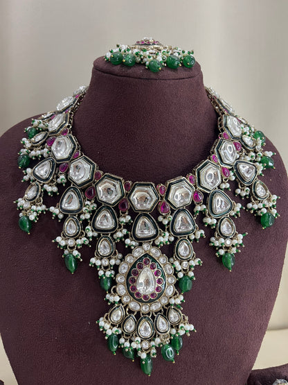 Paachi Kundan Semi Bridal Necklace Set - Emerald & Ruby