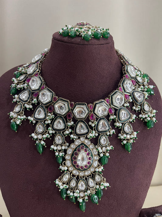Paachi Kundan Semi Bridal Necklace Set - Emerald & Ruby