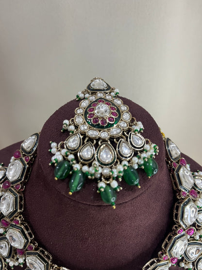 Paachi Kundan Semi Bridal Necklace Set - Emerald & Ruby