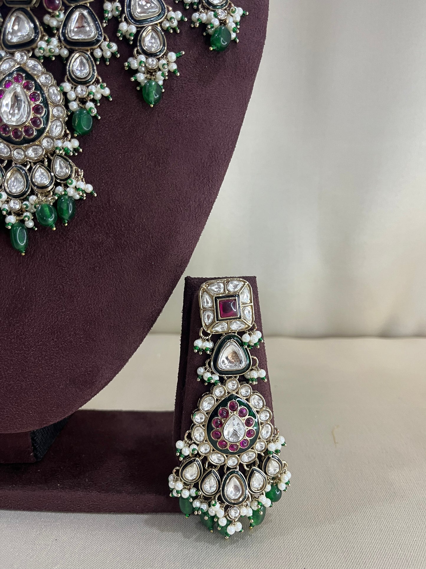 Paachi Kundan Semi Bridal Necklace Set - Emerald & Ruby