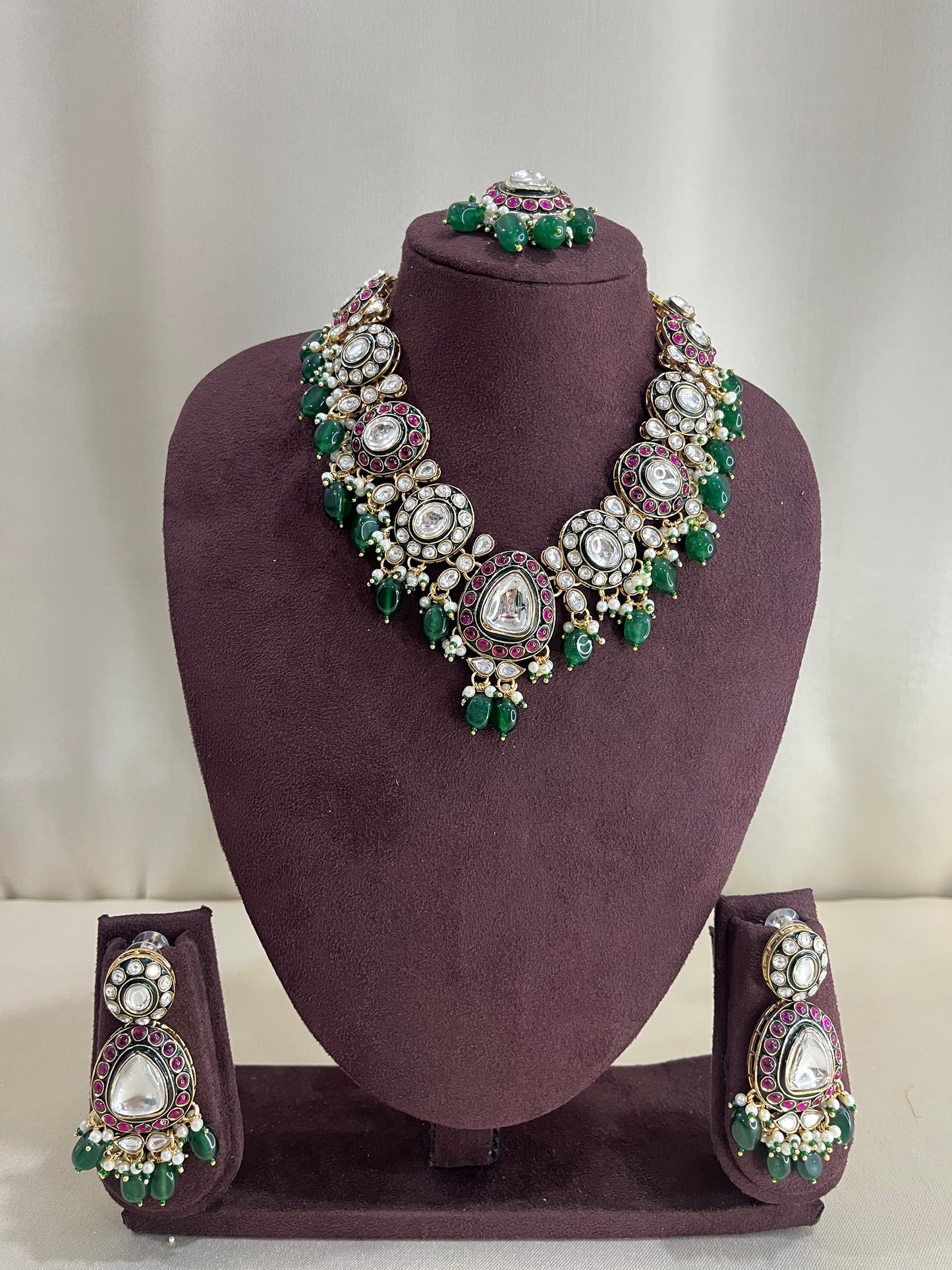 Meenakari Kundan Necklace Set - Emerald & Ruby