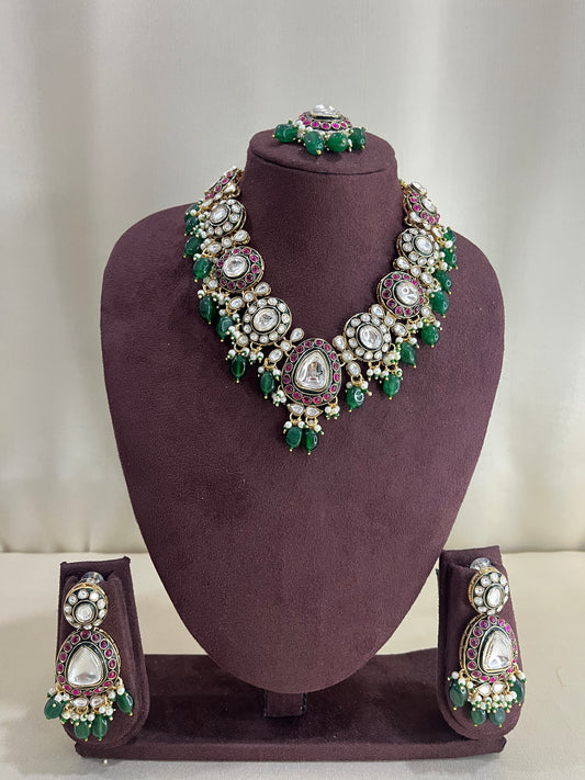 Meenakari Kundan Necklace Set - Emerald & Ruby