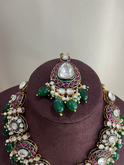 Meenakari Kundan Necklace Set - Emerald & Ruby