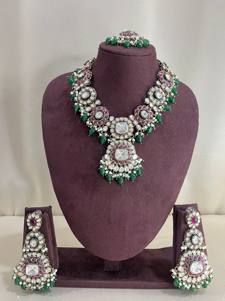 Moissanite Polki Necklace Set - Emerald & Ruby