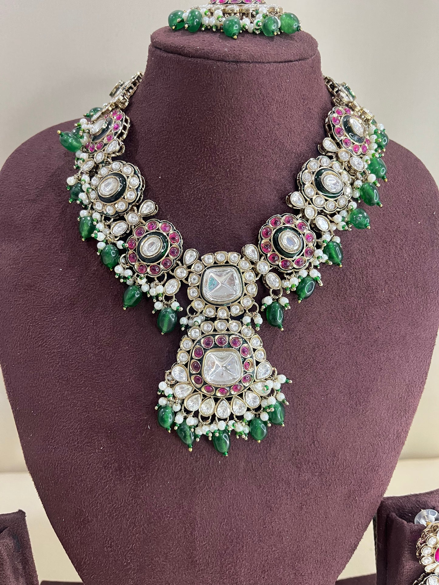 Moissanite Polki Necklace Set - Emerald & Ruby