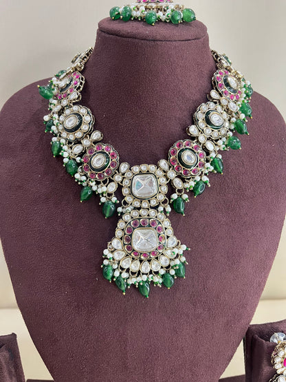 Moissanite Polki Necklace Set - Emerald & Ruby