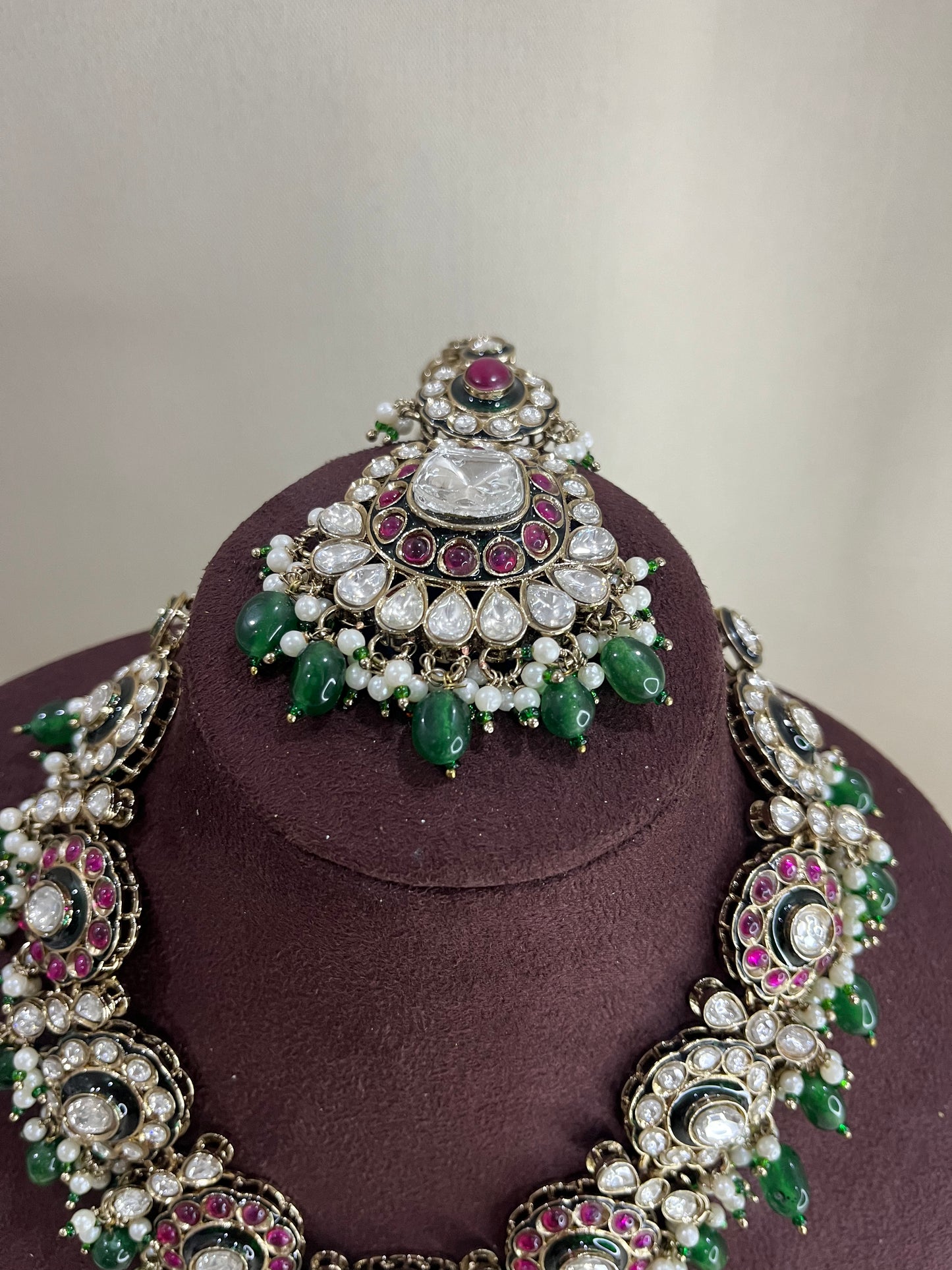Moissanite Polki Necklace Set - Emerald & Ruby