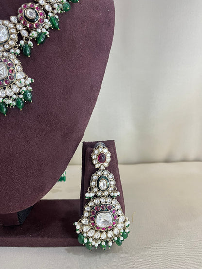 Moissanite Polki Necklace Set - Emerald & Ruby