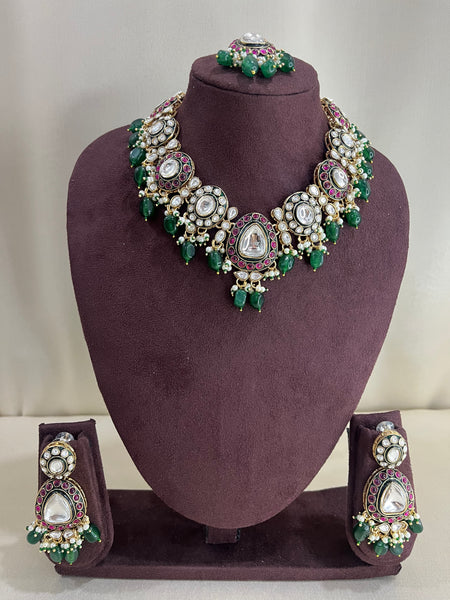 Moissanite Polki Short Necklace Set - Emerald & Ruby