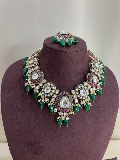 Moissanite Polki Short Necklace Set - Emerald & Ruby