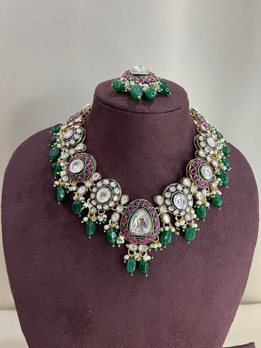 Moissanite Polki Short Necklace Set - Emerald & Ruby