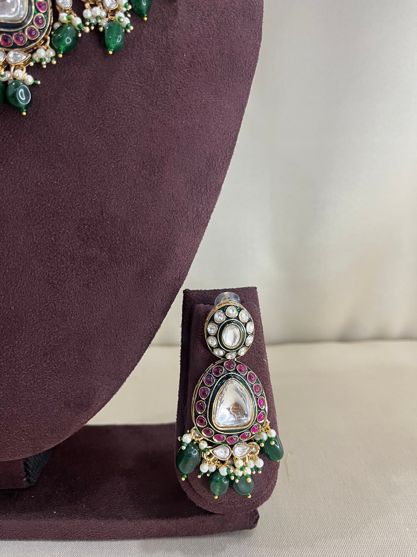 Moissanite Polki Short Necklace Set - Emerald & Ruby