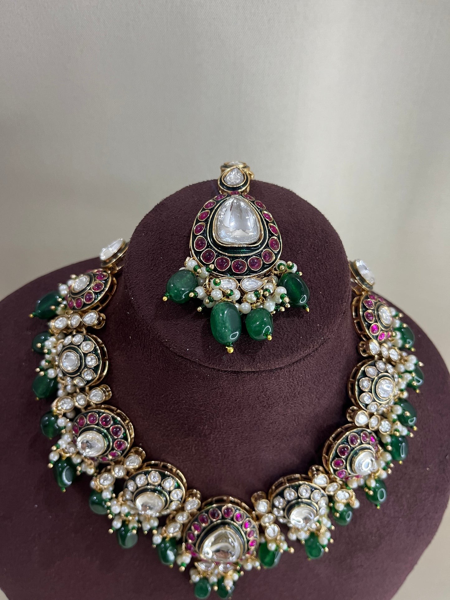 Moissanite Polki Short Necklace Set - Emerald & Ruby