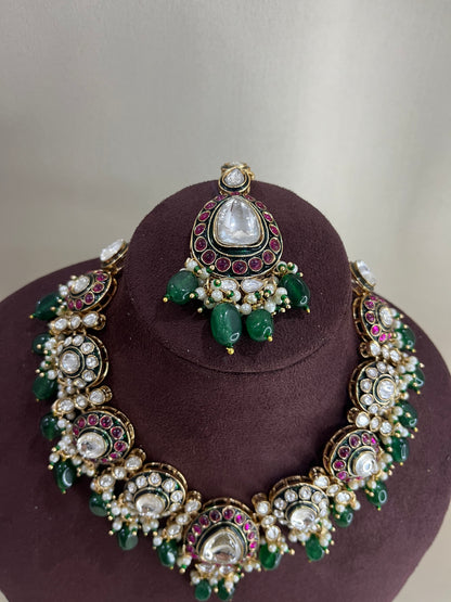 Moissanite Polki Short Necklace Set - Emerald & Ruby