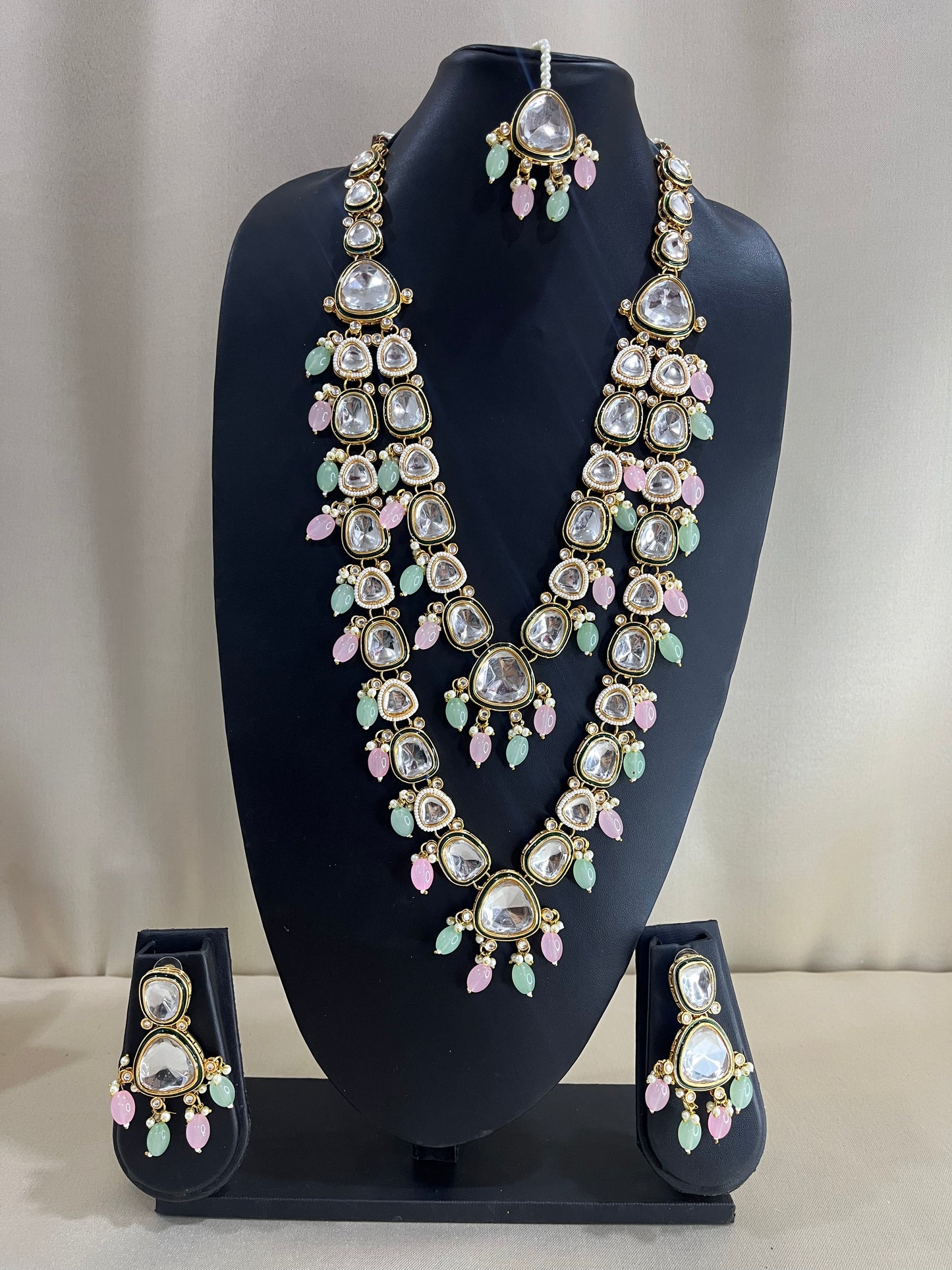 Moissanite Polki Long Necklace Set - Mint & Pink