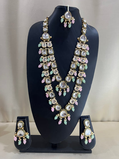 Moissanite Polki Long Necklace Set - Mint & Pink
