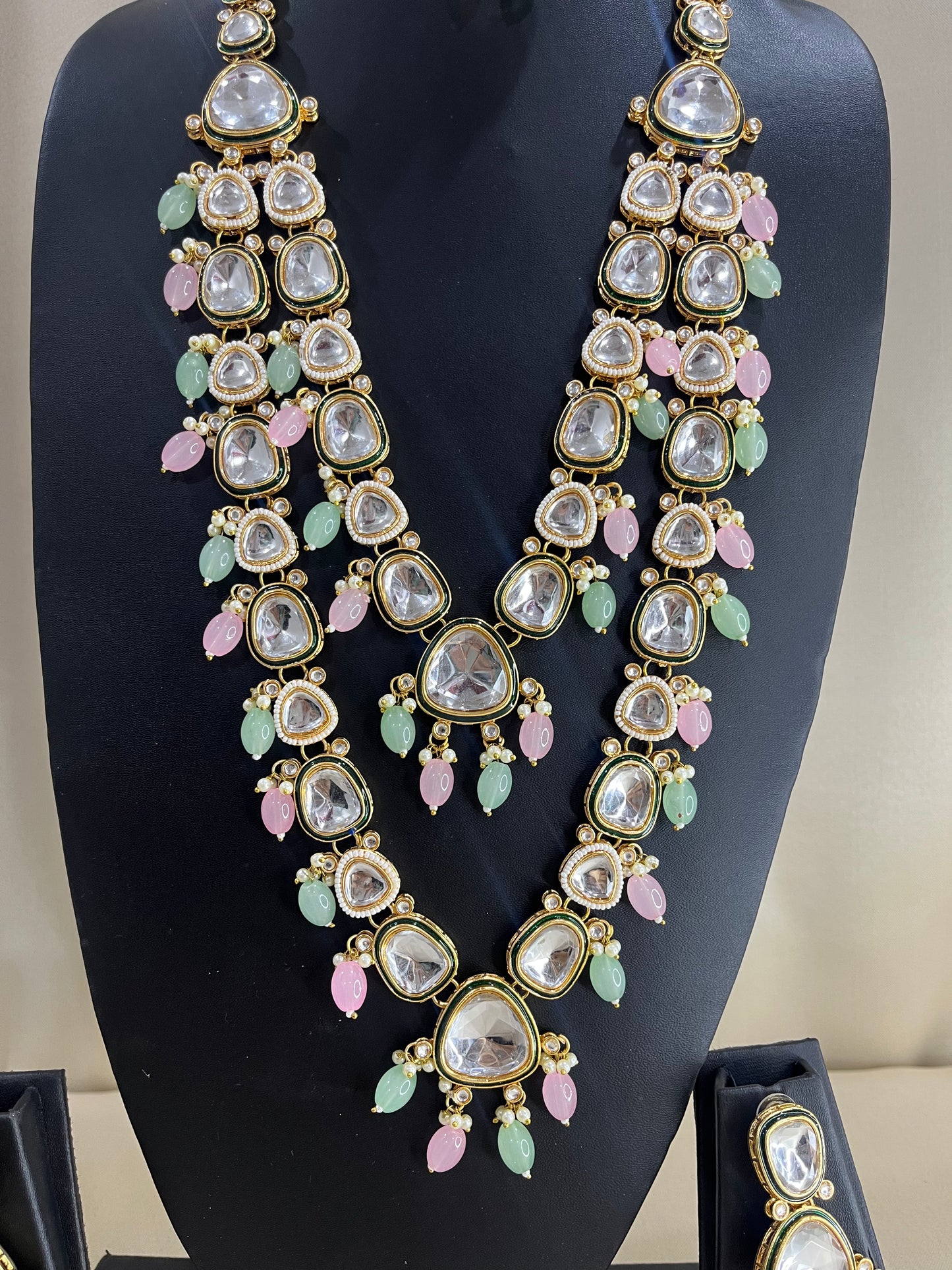 Moissanite Polki Long Necklace Set - Mint & Pink