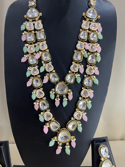 Moissanite Polki Long Necklace Set - Mint & Pink