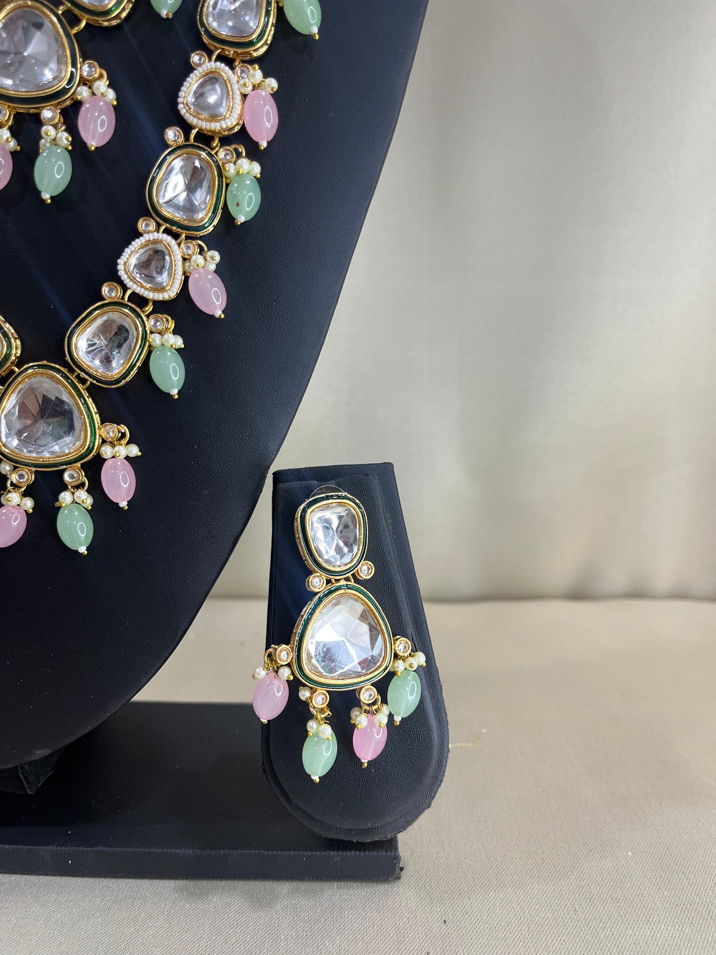 Moissanite Polki Long Necklace Set - Mint & Pink