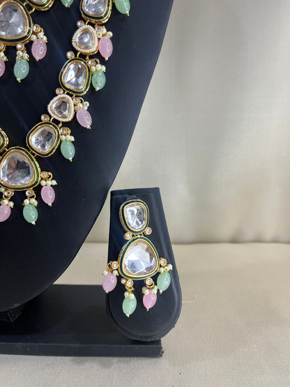 Moissanite Polki Long Necklace Set - Mint & Pink