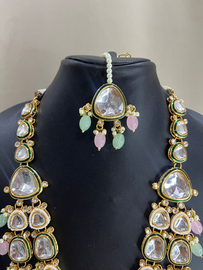 Moissanite Polki Long Necklace Set - Mint & Pink