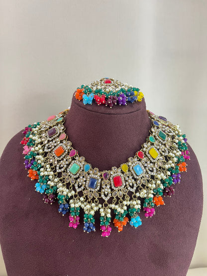 American Diamond Necklace Set - Navratan