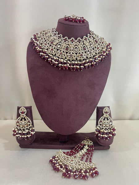 American Diamond Pakistani Necklace Set - Deep Ruby